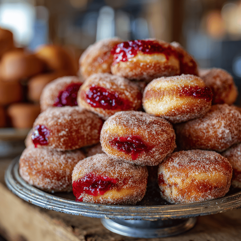 A tray full of raspberry-filled donuts with sugar coating and visible jam.