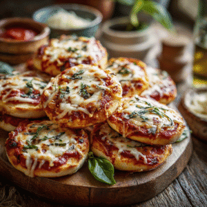 A platter full of English muffin pizzas with melted cheese and toppings.