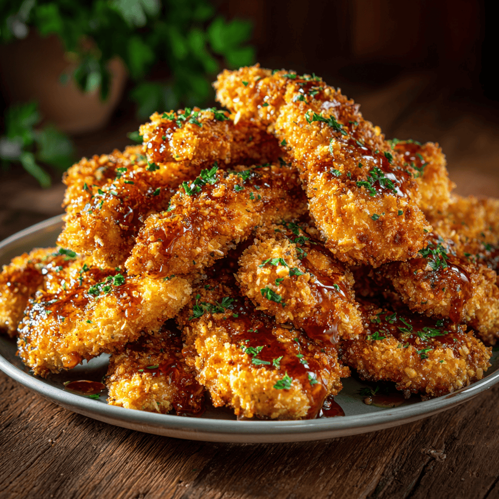 Platter of crispy honey garlic butter chicken tenders with parsley garnish.