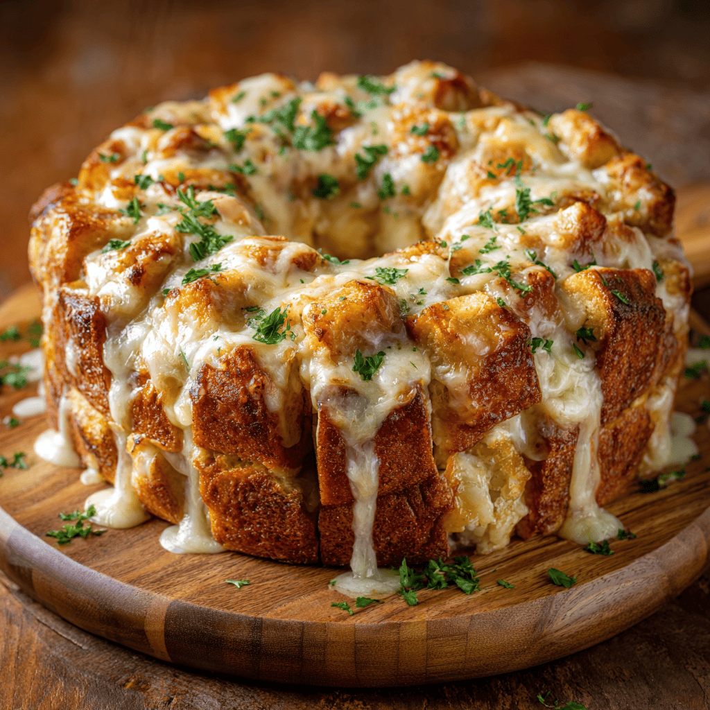 Complete Chicken Alfredo Monkey Bread ring served whole on a wooden board.