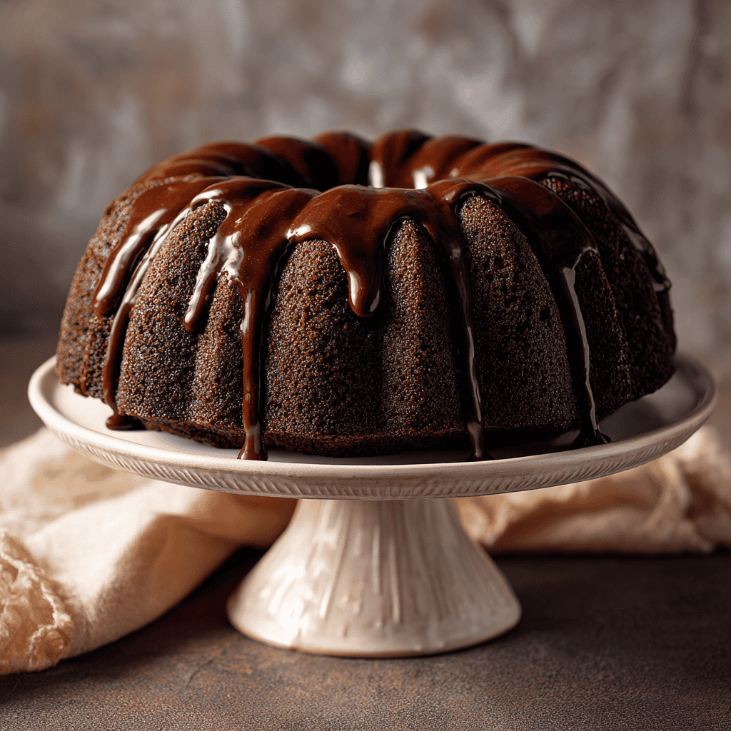 Whole chocolate fudge bundt cake on a cake stand with dripping chocolate glaze.