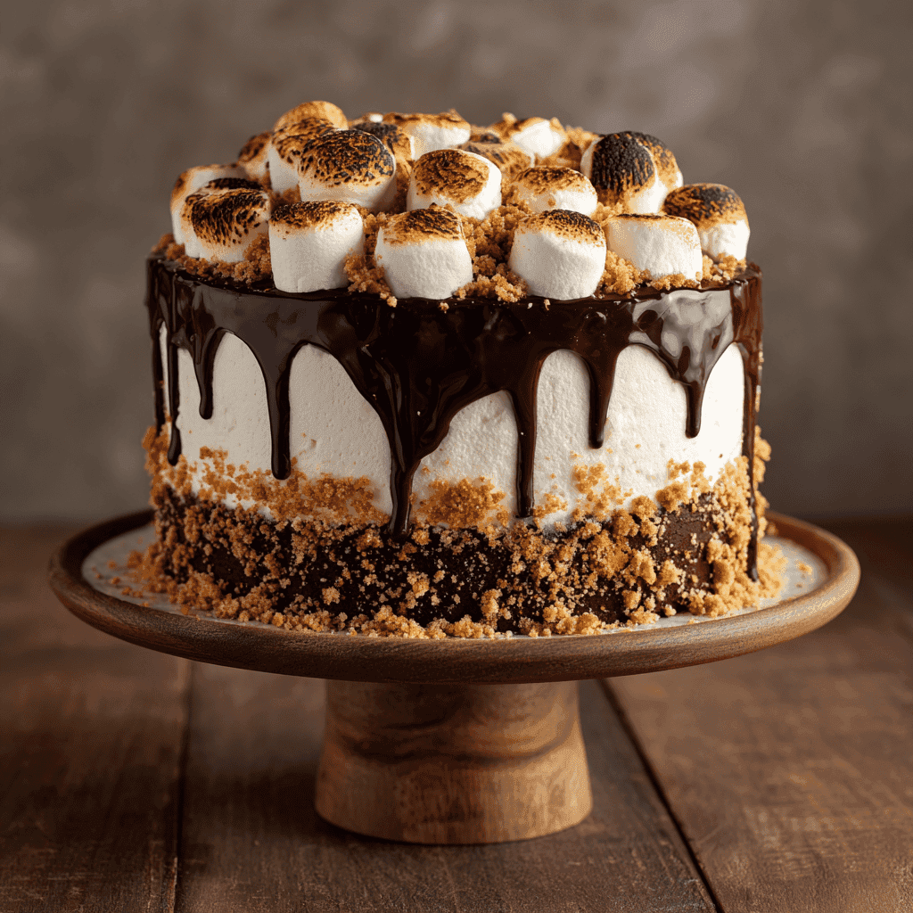 A whole S’mores cake topped with toasted marshmallows and chocolate drip on a cake stand.