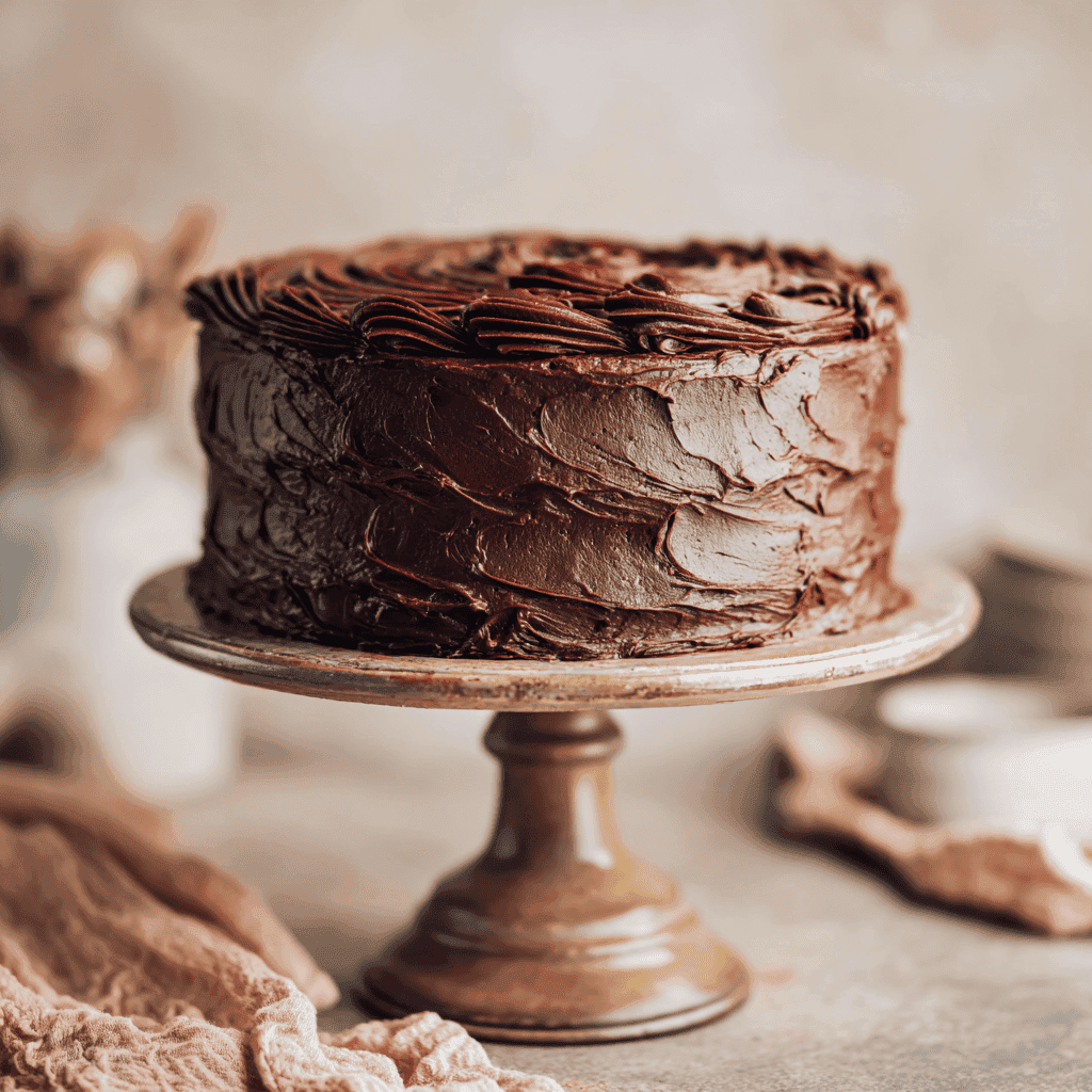 A whole moist chocolate cake covered in rich chocolate frosting on a cake stand.