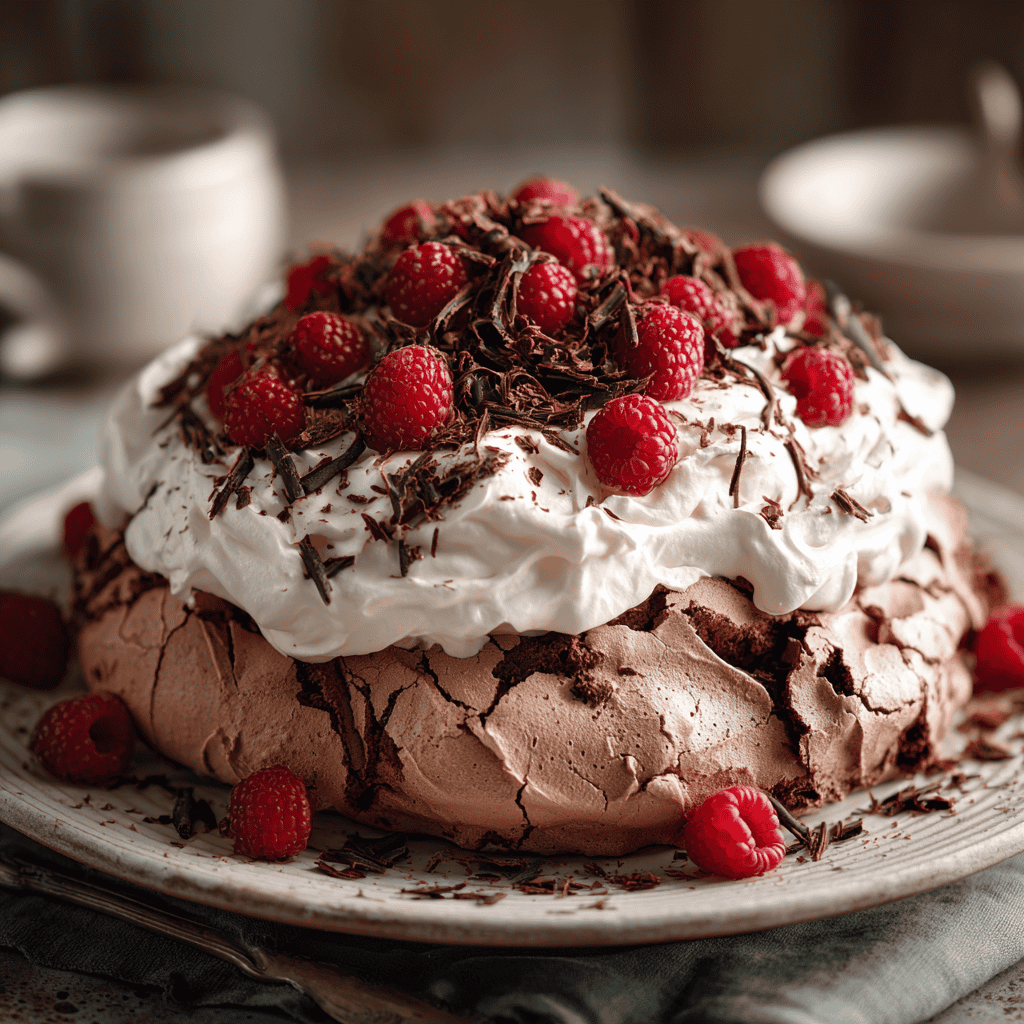 A whole chocolate pavlova topped with whipped cream, raspberries, and chocolate shavings.