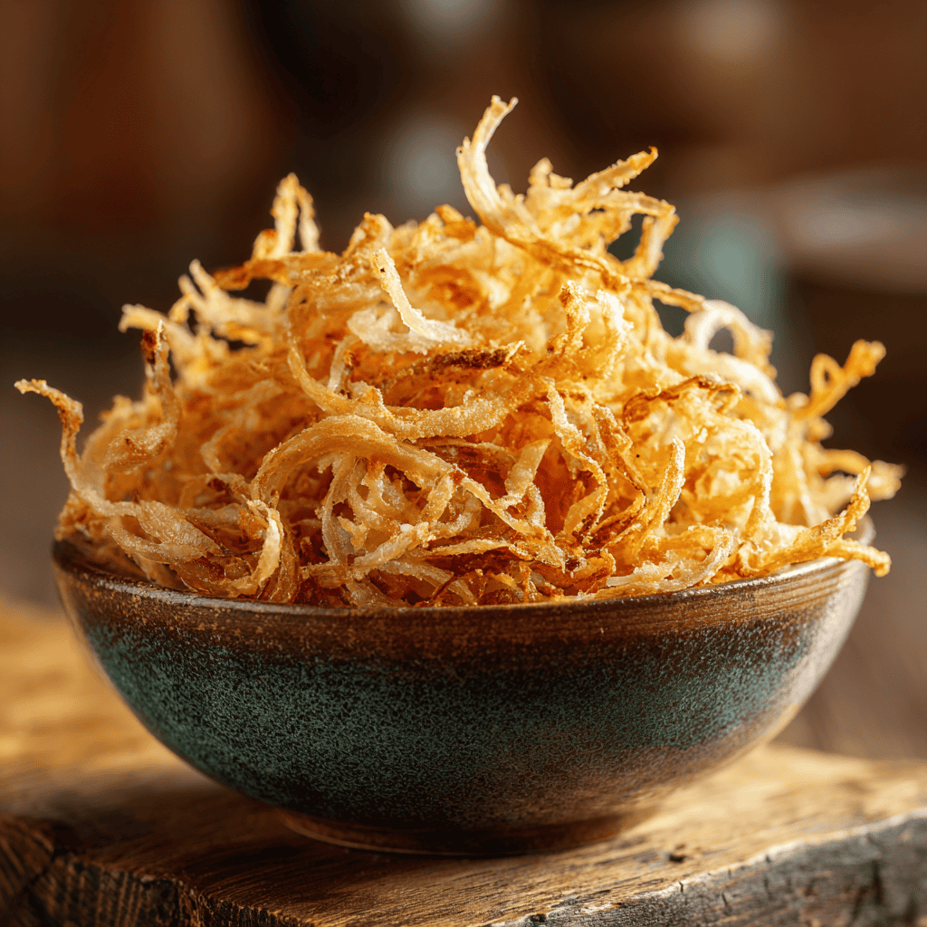 Large bowl filled with crispy golden fried onions.