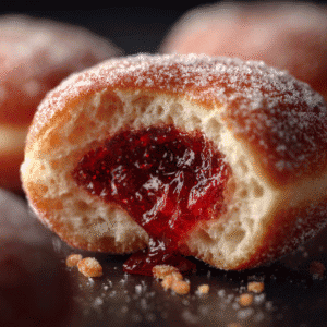 A raspberry donut cut in half, showing the soft interior and glossy jam filling.