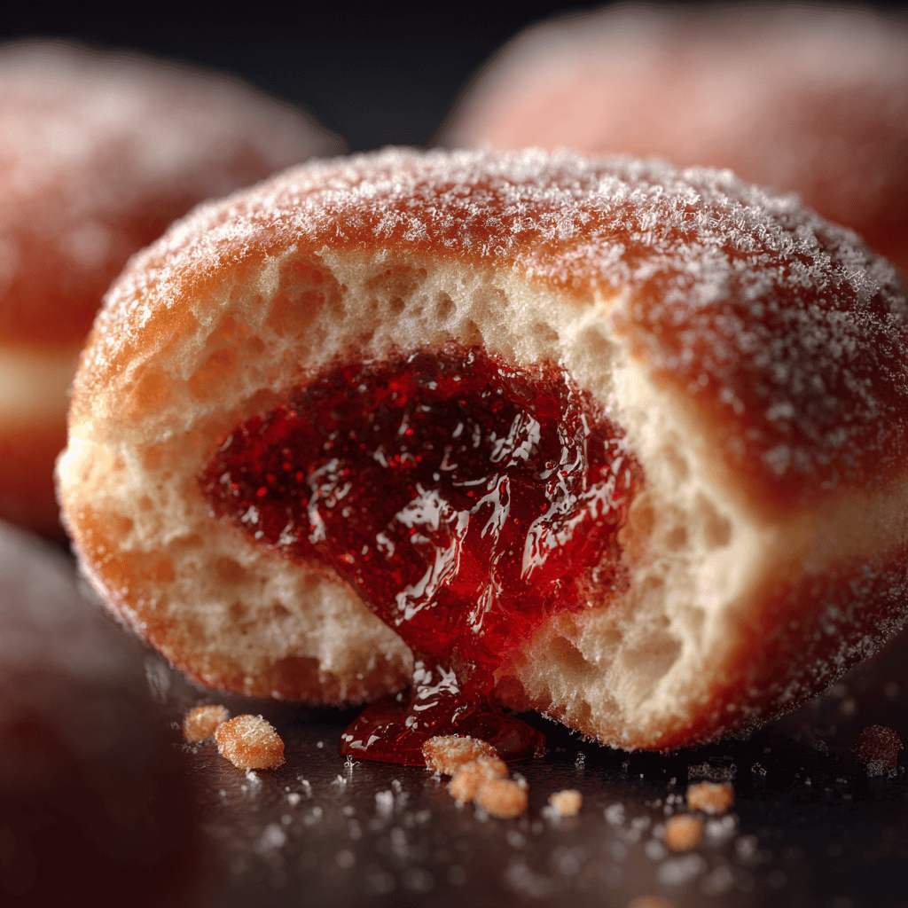 A raspberry donut cut in half, showing the soft interior and glossy jam filling.