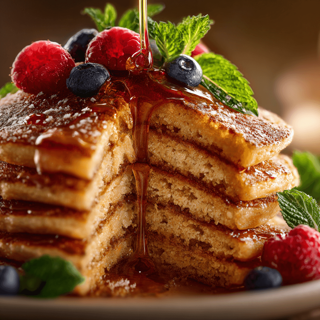 A sliced stack of keto pancakes showing fluffy interior with syrup and berries.