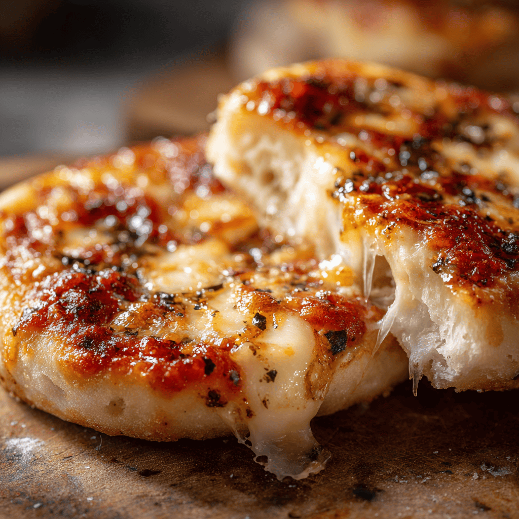 A cut English muffin pizza showing melted cheese and marinara inside.
