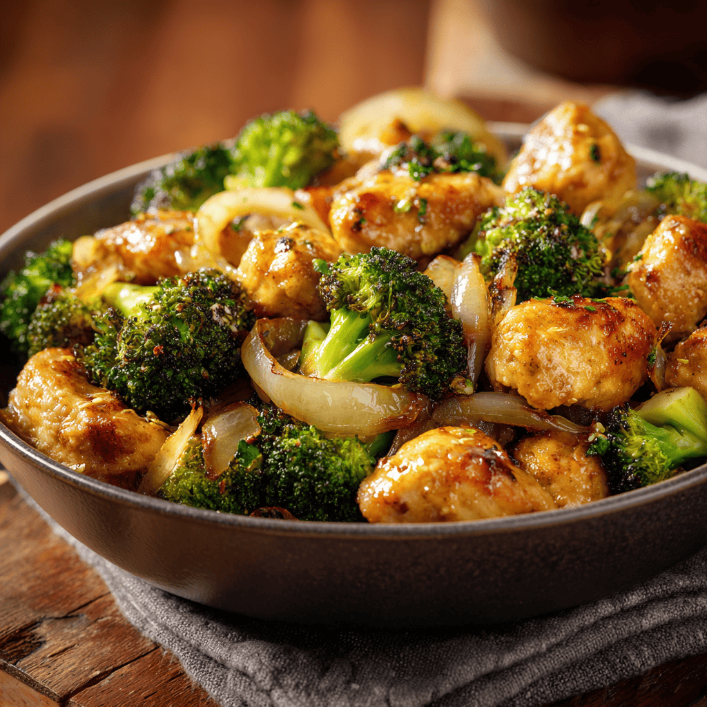 Large bowl of roasted chicken bites, broccoli, and onions.