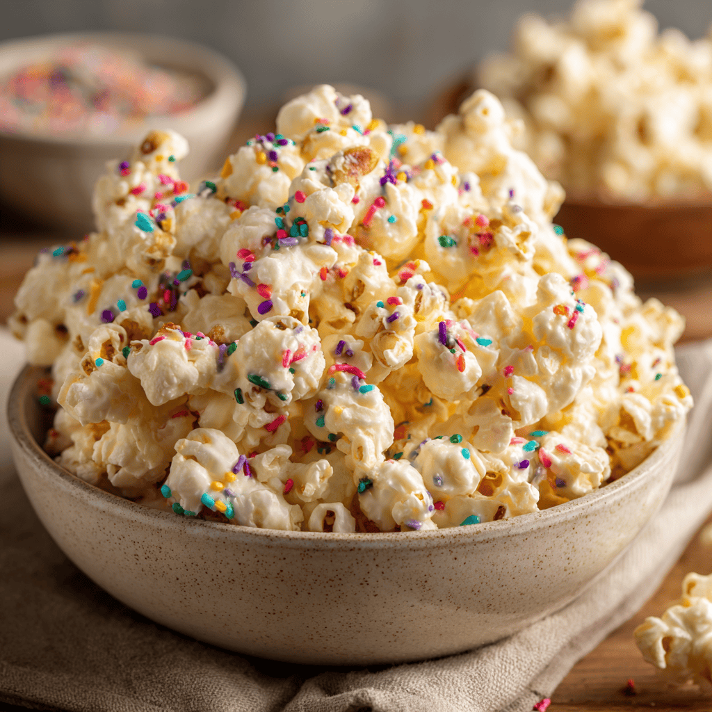A full bowl of almond bark–coated puffcorn topped with colorful sprinkles.