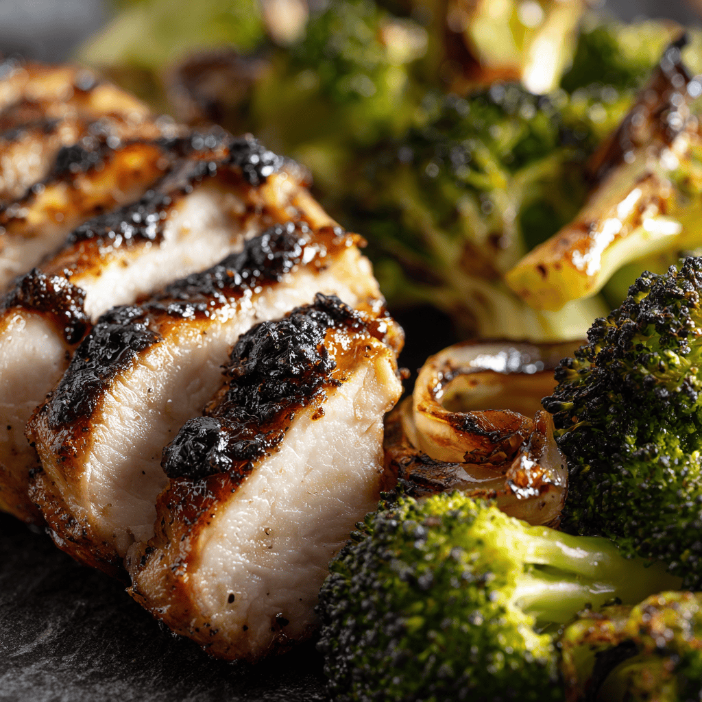 Close-up of sliced chicken bite showing juicy inside with roasted broccoli.