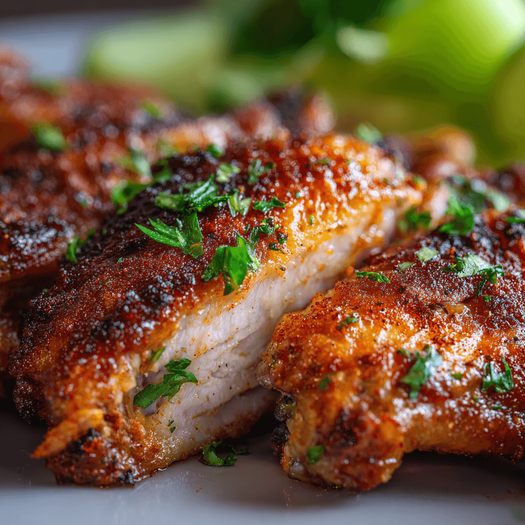 Close-up of sliced chicken wing showing crispy outside and juicy center.