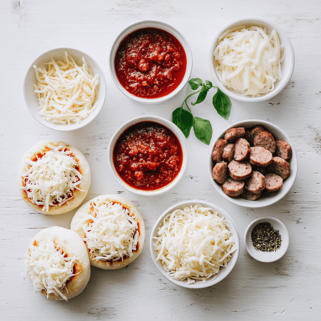 Flat-lay of English muffins, sauce, cheese, basil, and pizza toppings arranged neatly.
