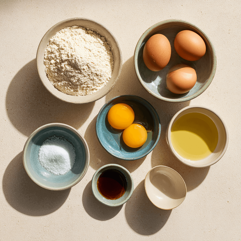 Flat-lay of almond flour, eggs, keto syrup, water, salt, and cooking oil arranged neatly.