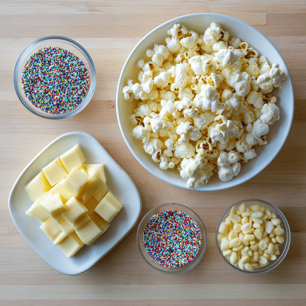Flat-lay of puffcorn, white almond bark pieces, and colorful sprinkles arranged neatly.