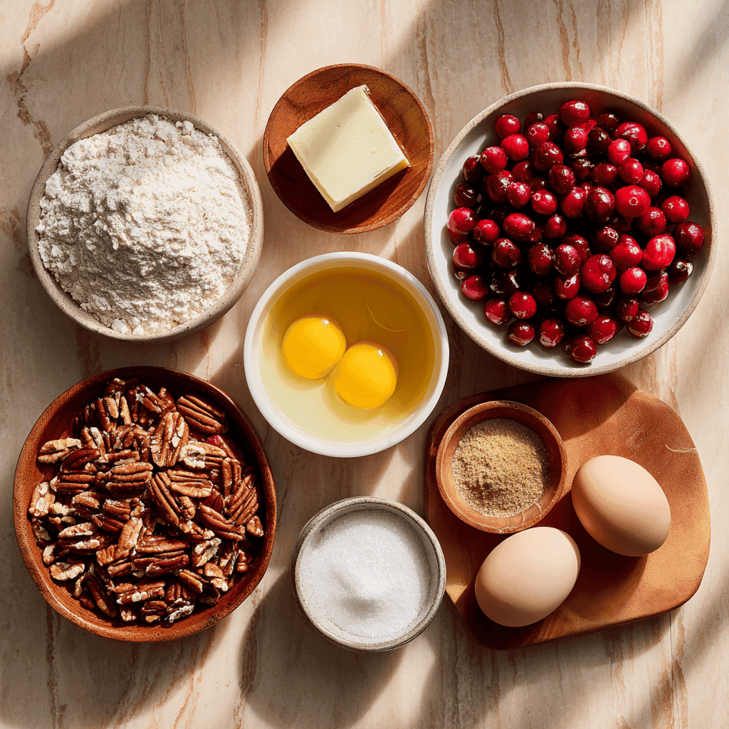 Flat-lay of cranberries, pecans, sugar, flour, butter, eggs, almond extract, and cream arranged neatly.