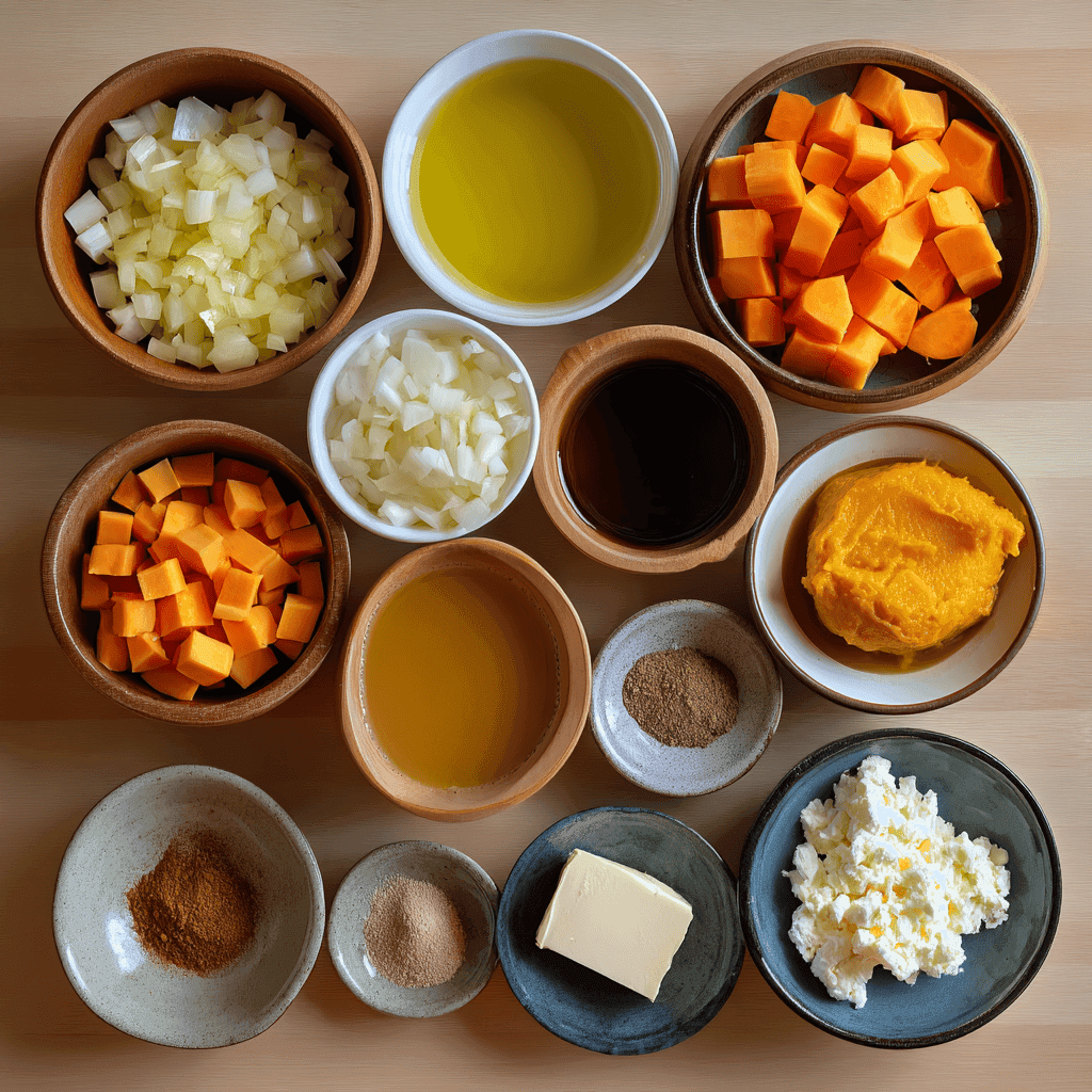Flat-lay of butternut squash, onions, carrots, spices, broth, apple cider, pumpkin puree, cream cheese, and butter arranged neatly.
