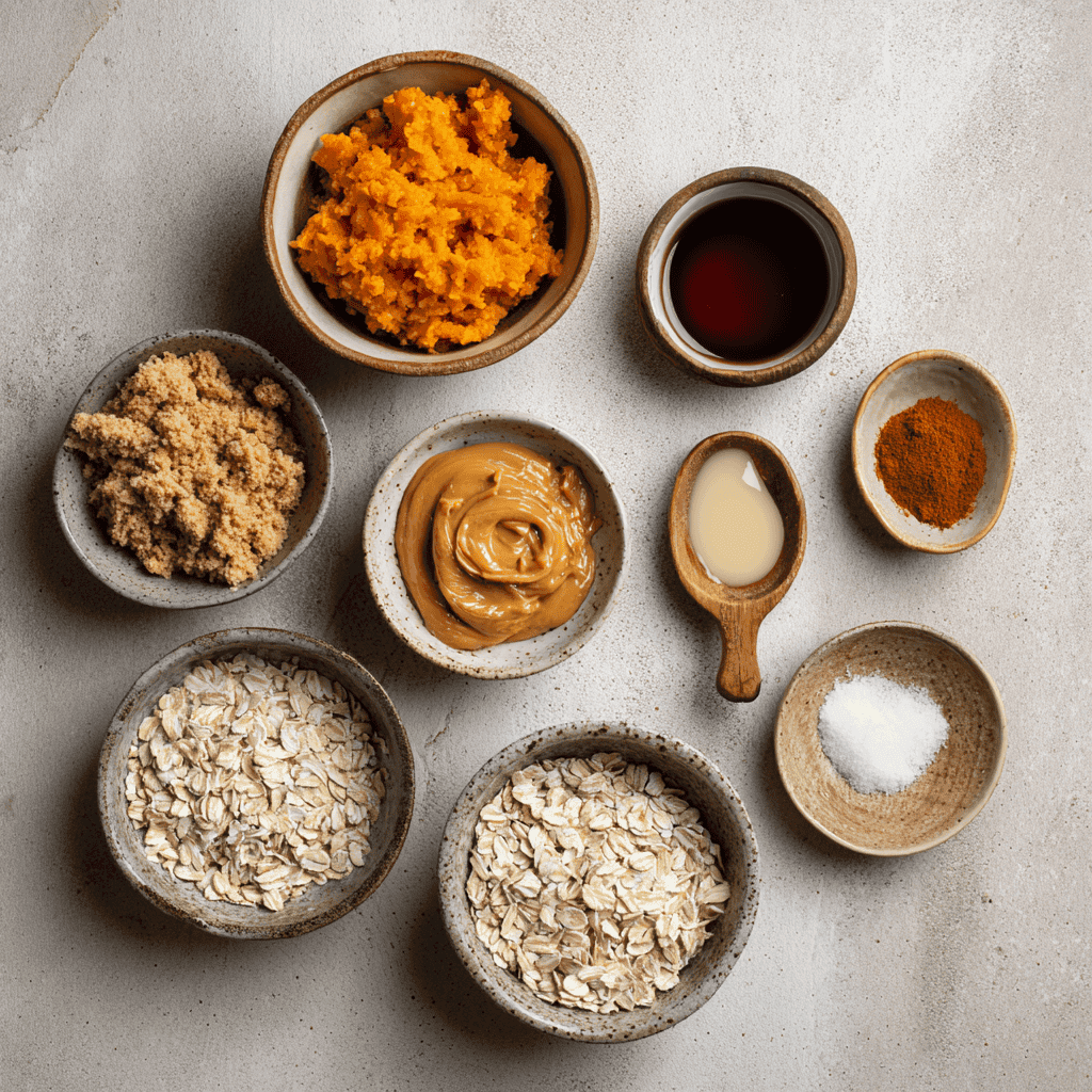 Delicious No Bake Pumpkin Cookies: Easy & Quick Recipe 3 Flat-lay of pumpkin puree, oats, brown sugar, peanut butter, coconut oil, spices, and vanilla extract arranged neatly.