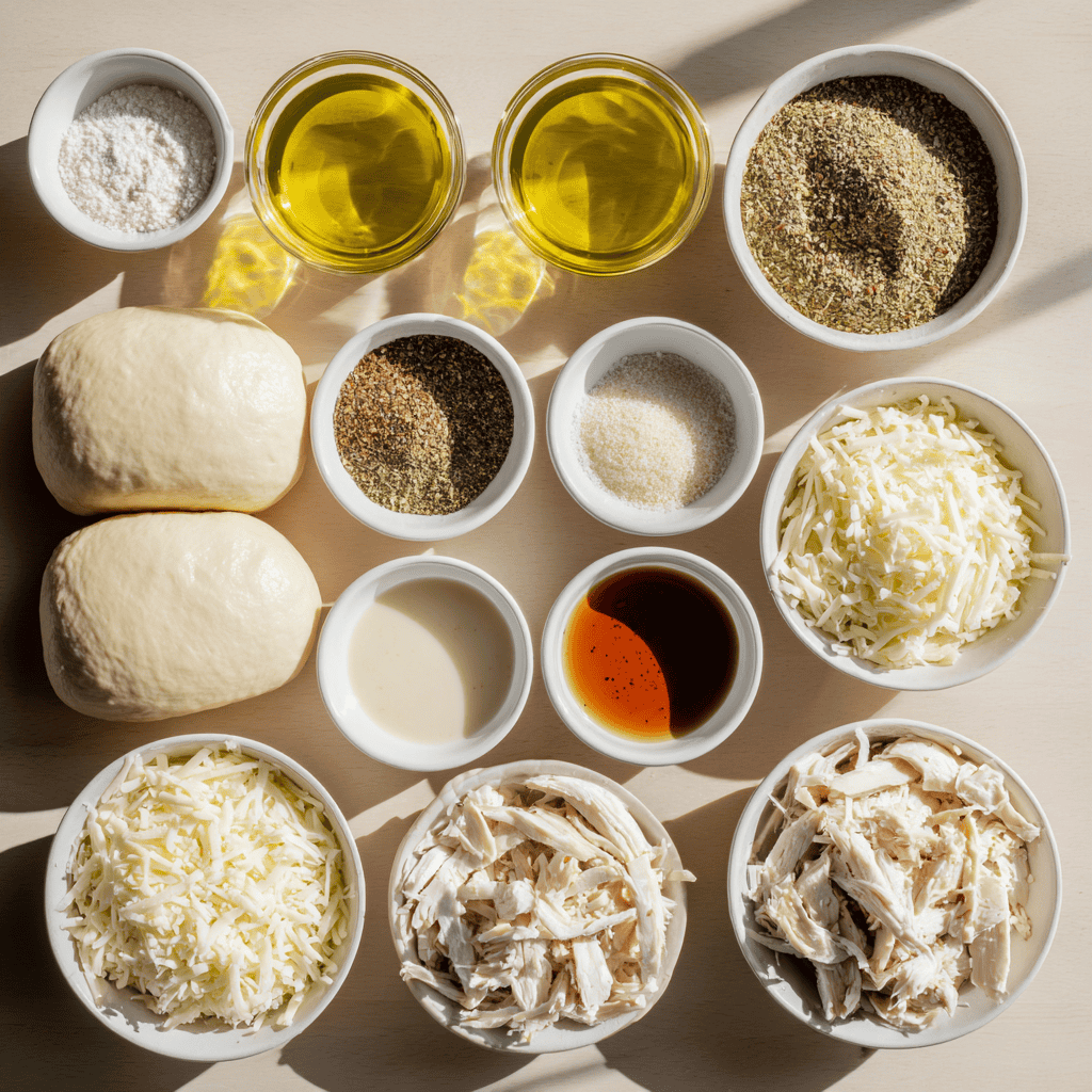 Flat-lay of pizza dough, cheese, chicken, Alfredo sauce, garlic, seasoning, and olive oil arranged neatly.