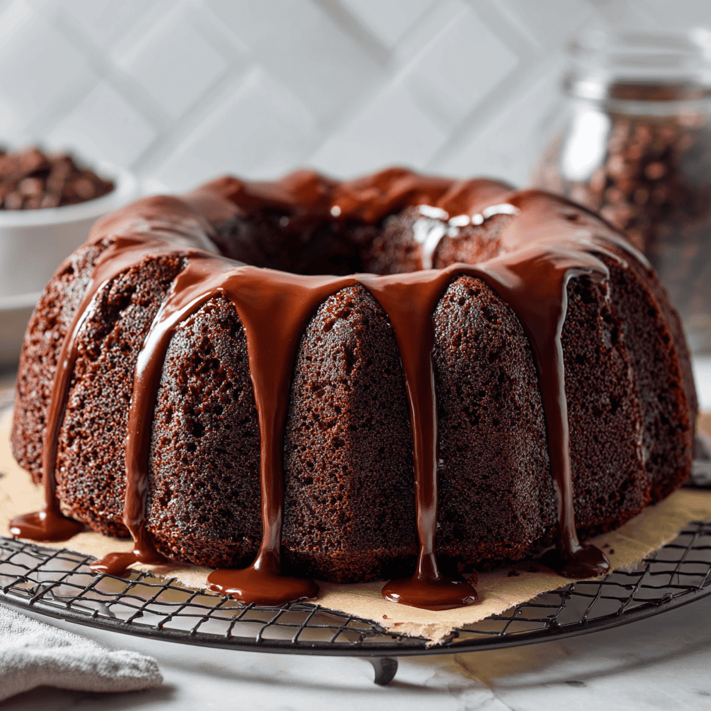 Dark chocolate bundt cake with glossy fudge glaze dripping over the edges on a cooling rack.