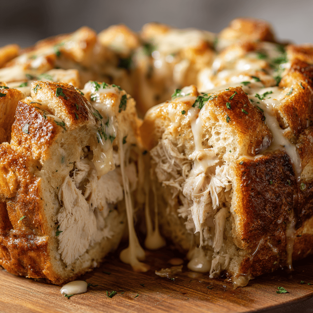 Sliced Chicken Alfredo Monkey Bread showing melted cheese and chicken inside.