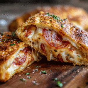 Easy Air Fryer Calzones: Crispy, Cheesy, & Quick 6 Close-up of sliced calzone showing melted cheese and pepperoni.
