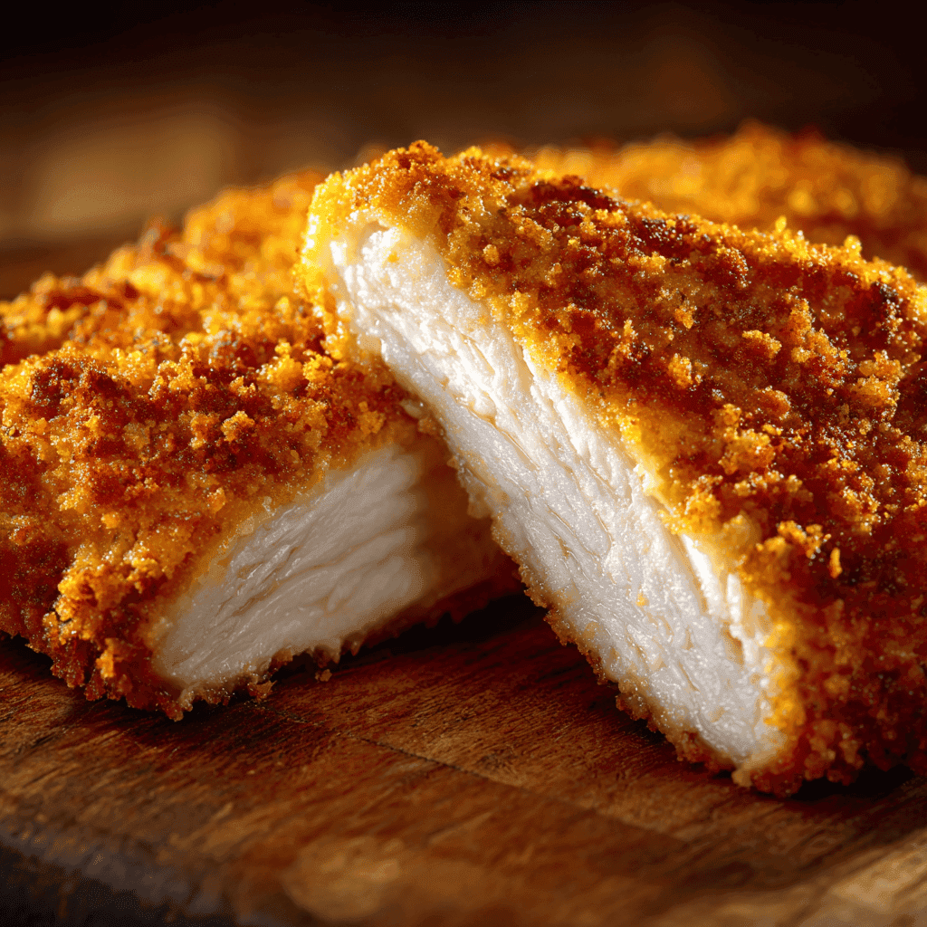 Juicy sliced chicken tender showing crispy coating and white interior.