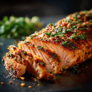 Close-up of sliced salmon showing flaky interior.