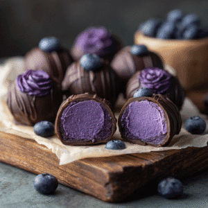 Dark chocolate blueberry buttercream candies on a wooden board with cut pieces showing purple filling.