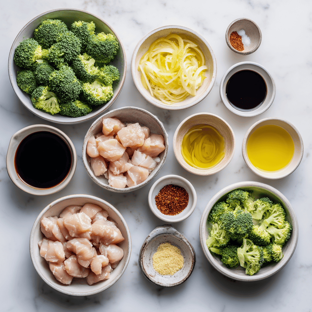 Flat-lay of chicken, broccoli, onion, and marinade ingredients on a white surface.