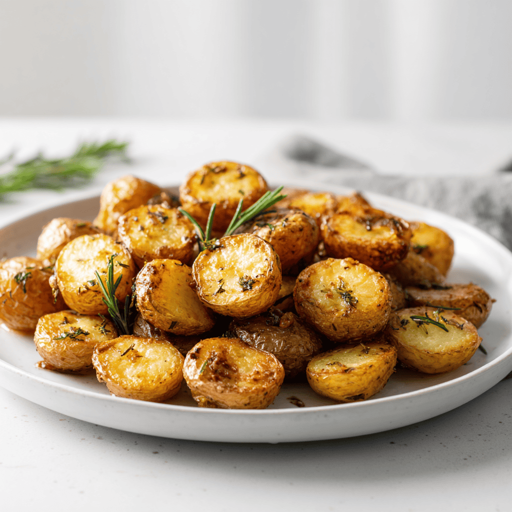 Crispy Air Fryer Baby Potatoes 2 Golden roasted baby potatoes served on a white plate.