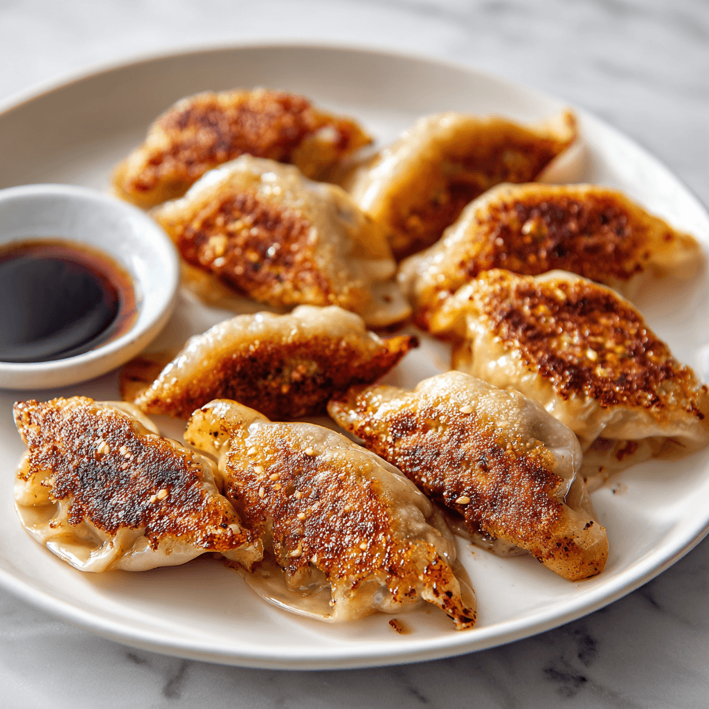 Crispy golden dumplings served on a white plate with dipping sauce.