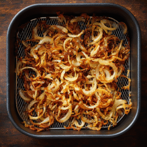Golden crispy onions spread across an air fryer basket from a top-down view.