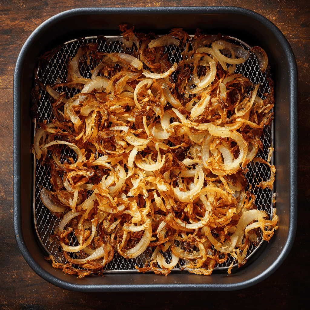 Golden crispy onions spread across an air fryer basket from a top-down view.