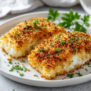 Parmesan-crusted cod served on a white plate.