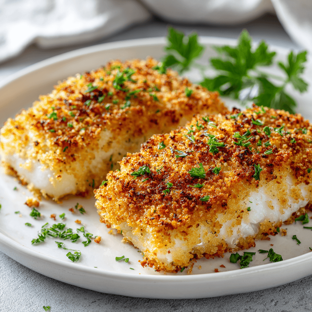Parmesan-crusted cod served on a white plate.
