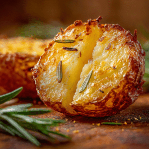 Crispy Air Fryer Baby Potatoes 6 Macro view of a sliced roasted baby potato showing crispy skin and soft interior.