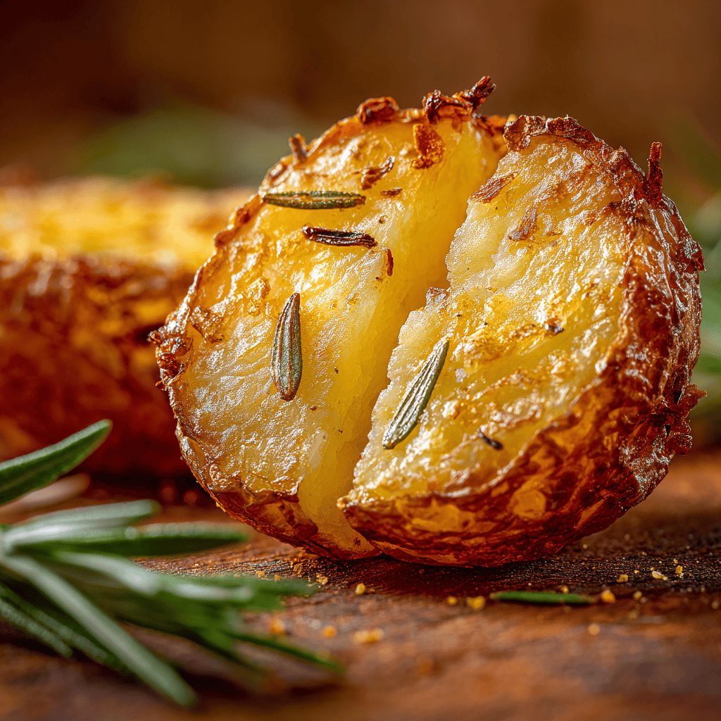 Crispy Air Fryer Baby Potatoes 5 Macro view of a sliced roasted baby potato showing crispy skin and soft interior.