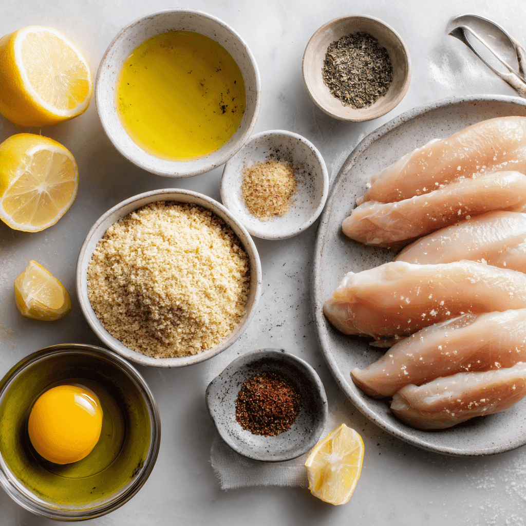 Flat-lay of chicken tenders with breadcrumbs, panko, eggs, seasoning, and olive oil spray.
