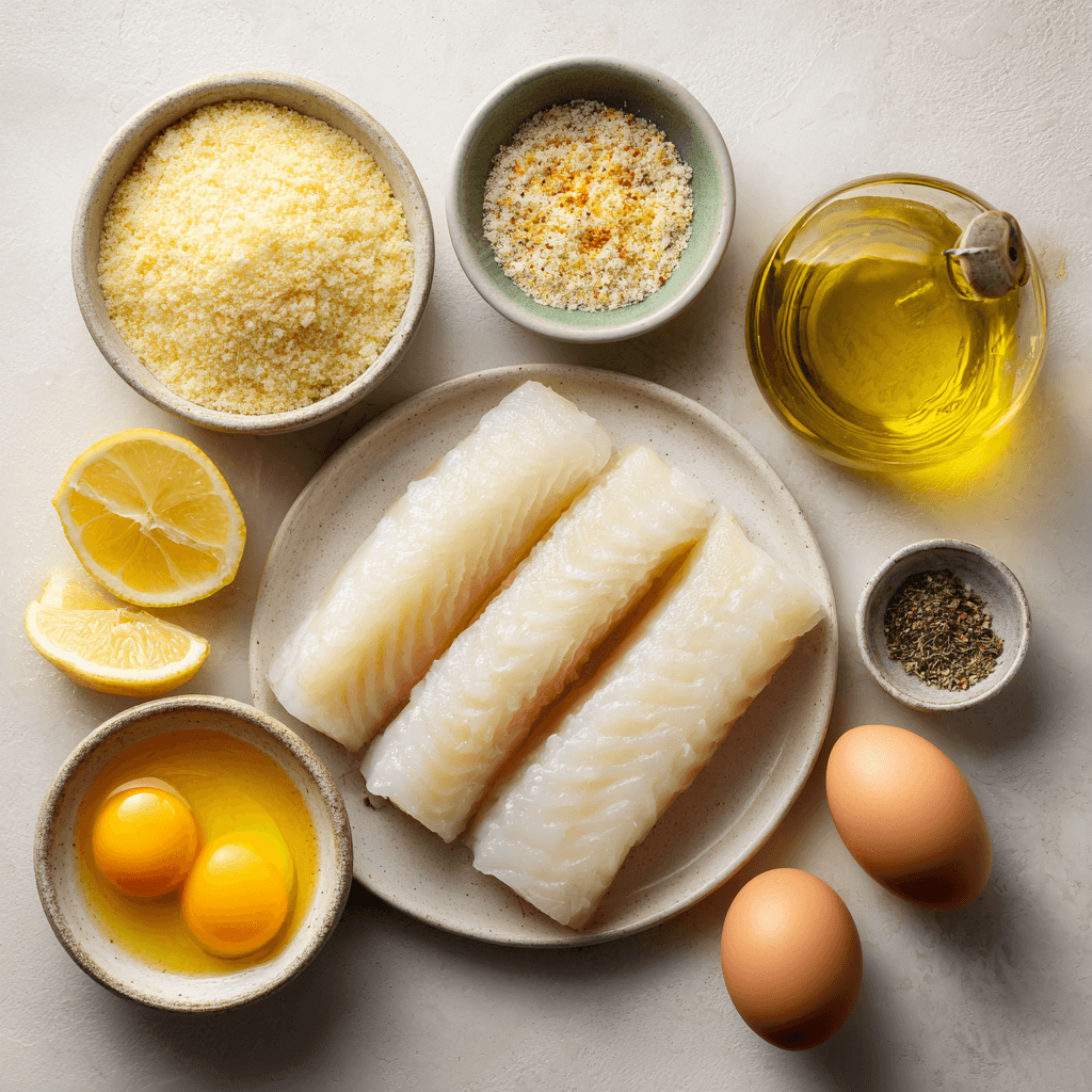 Flat-lay of cod, panko, parmesan, eggs, lemon pepper, and olive oil spray.