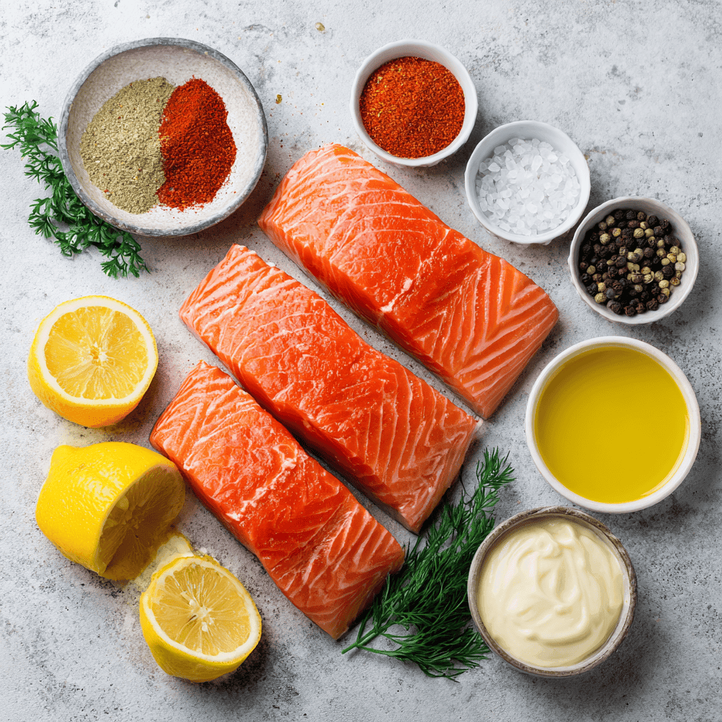 Flat-lay of salmon fillets with seasonings, olive oil, and lemon wedges.