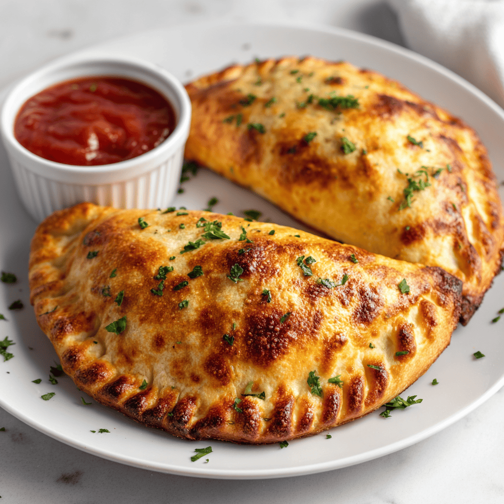 Easy Air Fryer Calzones: Crispy, Cheesy, & Quick 2 Crispy calzones on a white plate with marinara dipping sauce.