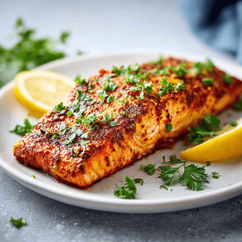 Salmon fillet with parsley and lemon on a white plate.