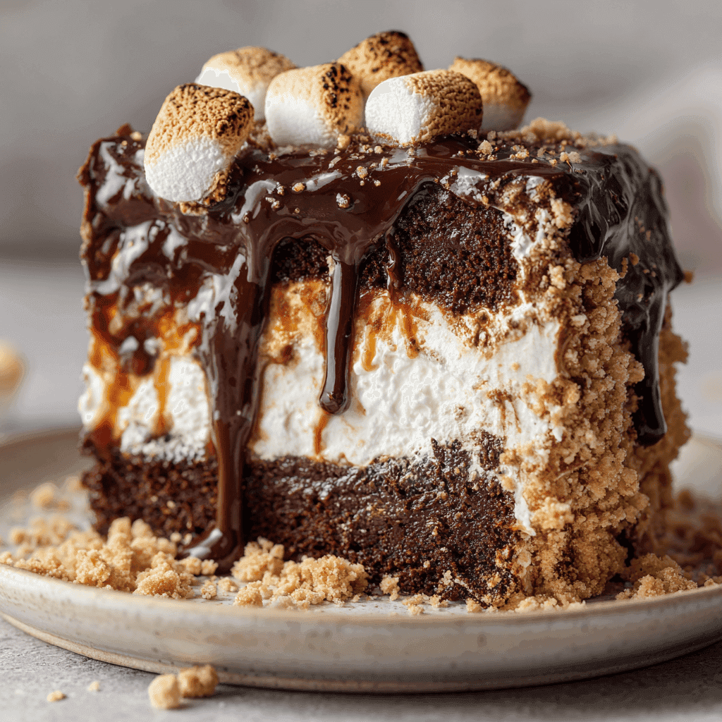S’mores cake slice showing chocolate layers, marshmallow frosting, and graham crumble.