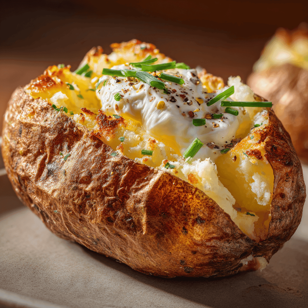A baked potato cut open with melting butter and chives revealing the fluffy inside.