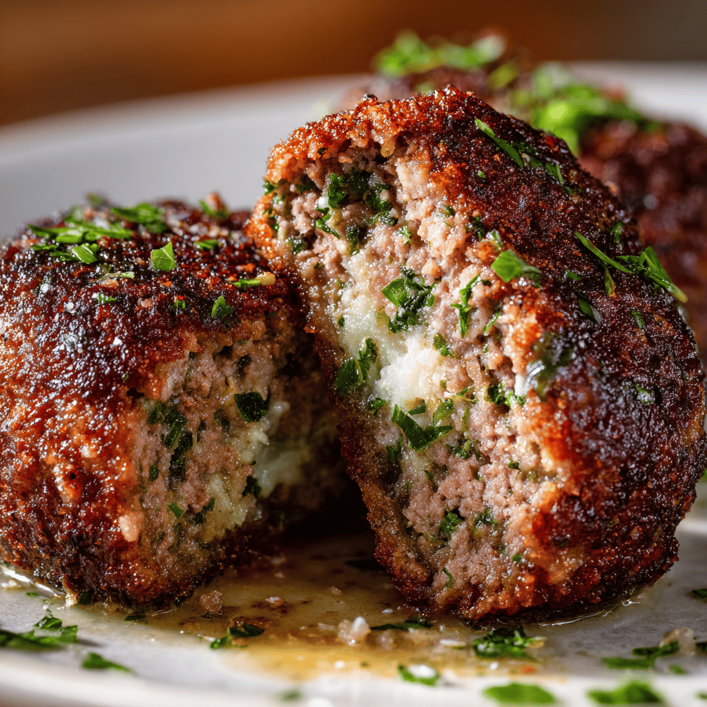 A keto meatball sliced open, showing the juicy interior and herbs.