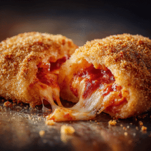 A cut pizza roll showing melted cheese and tomato sauce inside.