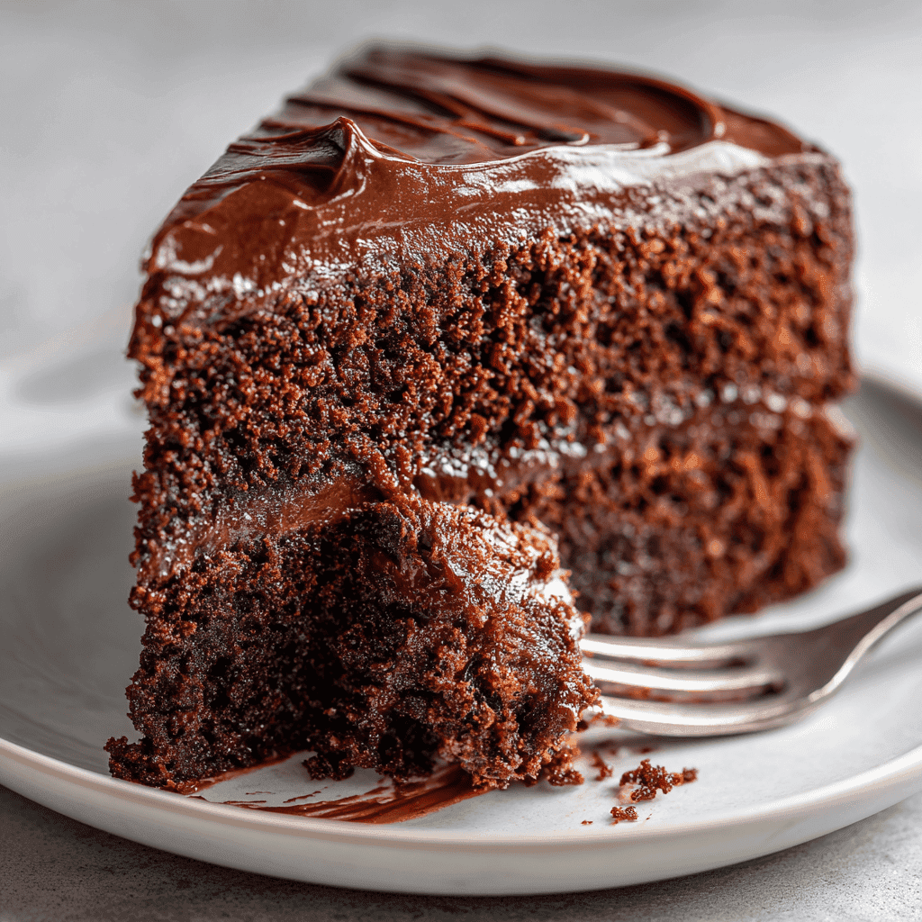 A chocolate cake slice with a bite taken, showing the moist interior and thick frosting.