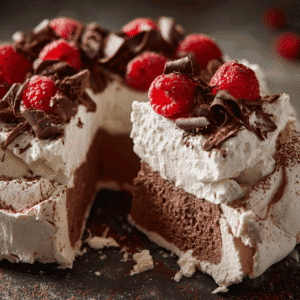 A slice of chocolate pavlova pulled out, showing the soft marshmallow interior and toppings.